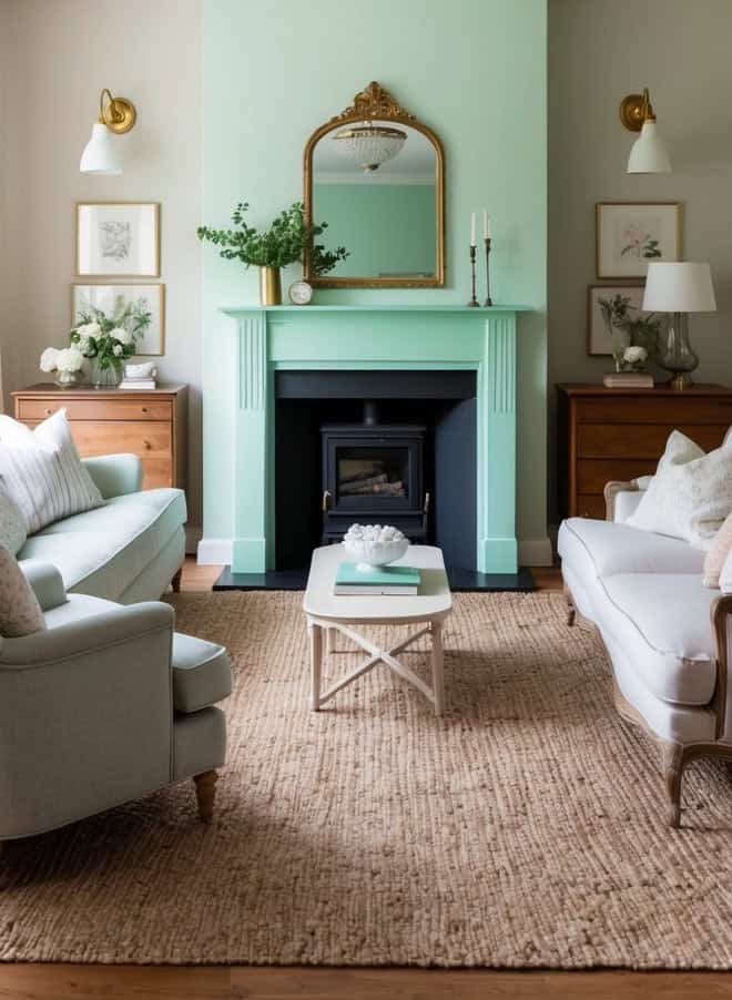 A cozy living room with a mint green painted fireplace as the focal point, surrounded by vintage decor and comfortable seating