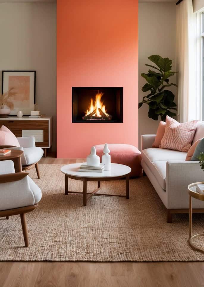 A cozy living room with a vibrant coral-hued fireplace as the focal point. The fire is crackling, casting a warm glow on the surrounding decor