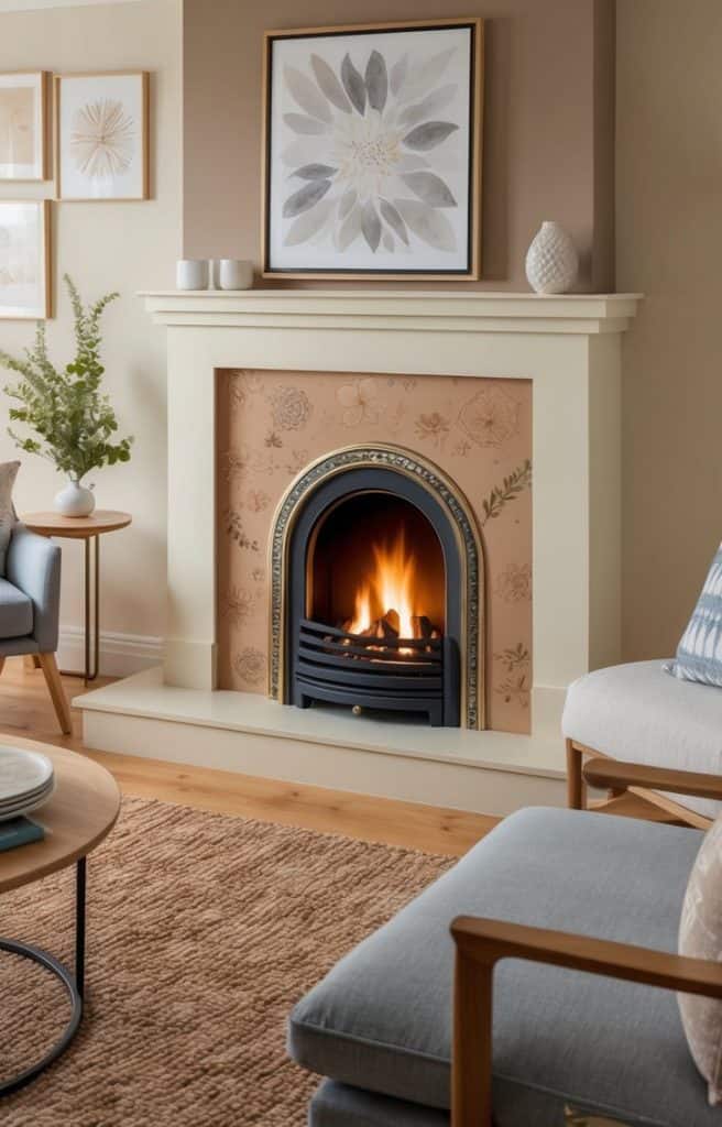 A cream mantel in a living room, featuring a floral firebox surround and framed botanical artwork above