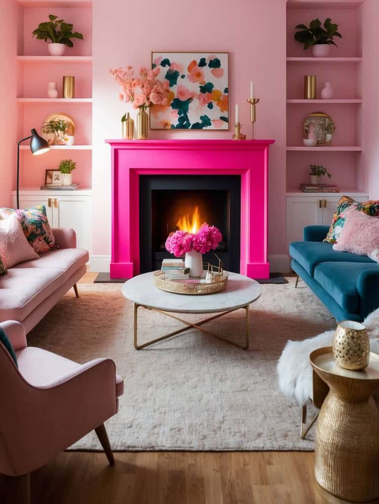 A vibrant bubblegum pink painted fireplace surrounded by eclectic decor and cozy seating, casting a warm and inviting glow in a stylish living room
