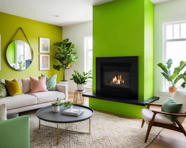 A vibrant lime green painted fireplace with a variety of design ideas displayed around it, showcasing bold and muted color options