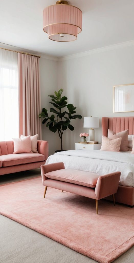 A coral pink area rug sits in a chic bedroom with velvet furnishings and blush accents