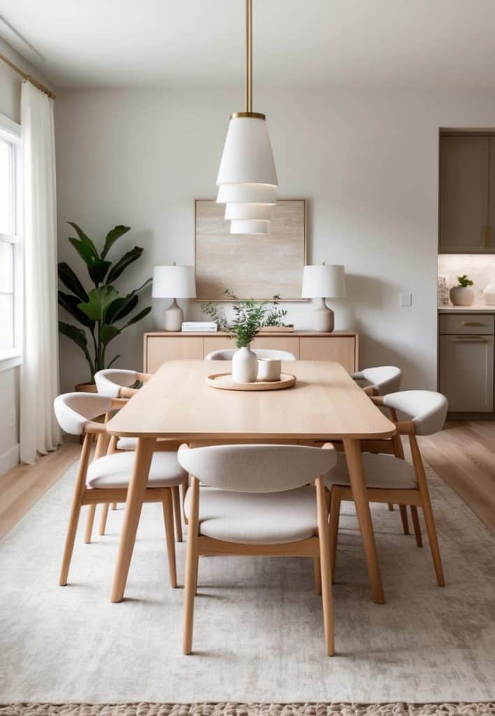A dining room with light wood furniture, soft-toned decor, and cozy simplicity