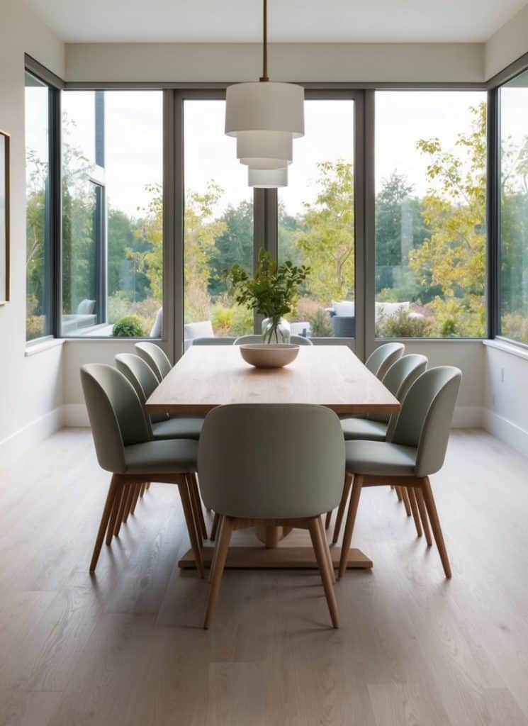 A serene dining room with a light wood table surrounded by soft-toned chairs, bathed in natural light from large windows