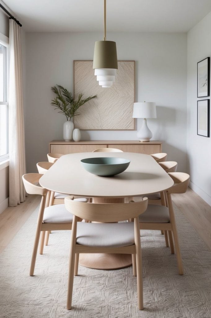 A dining table adorned with a bluish-green bowl, surrounded by light wood chairs and soft-toned decor
