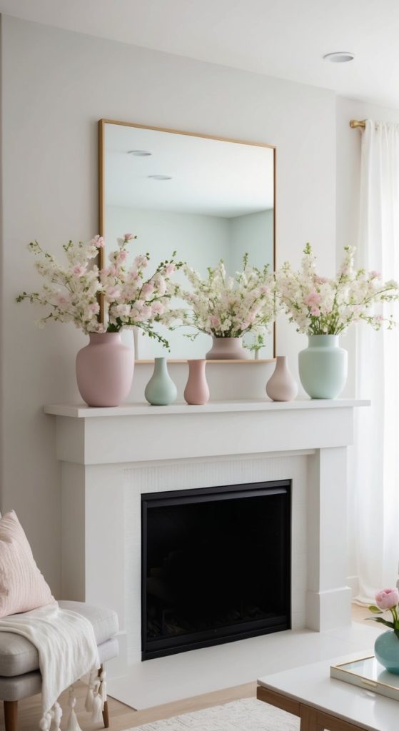 A mantel adorned with pastel-toned vases, fresh blooming flowers, and delicate spring decor