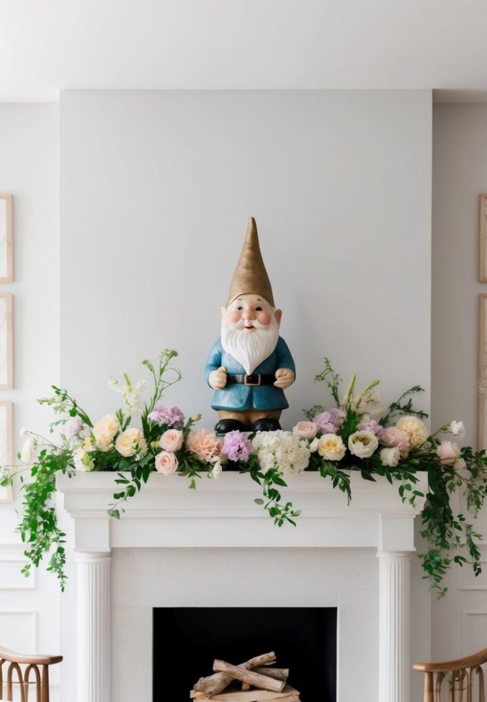 A garden gnome statue surrounded by pastel flowers and fresh greenery on a spring mantel