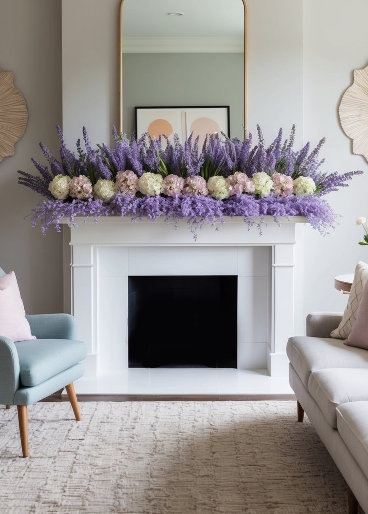 A mantel adorned with lavender bouquets and pastel spring blooms