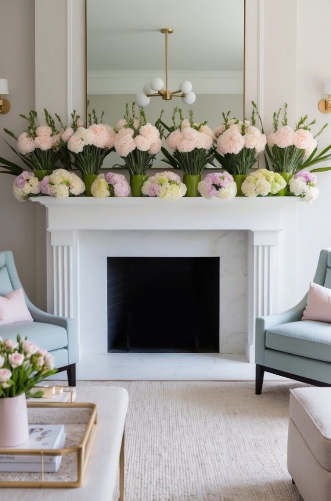 A mantel adorned with pastel carnation clusters and fresh blooms, creating a spring-inspired atmosphere