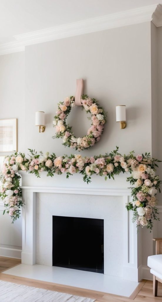 A mantel adorned with a floral garland in pastel tones and fresh blooms