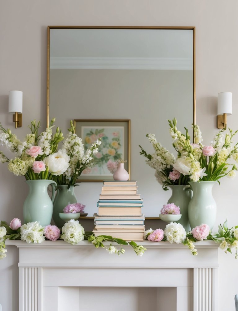 A stack of vintage books sits on a mantel adorned with pastel tones and fresh blooms, creating a fresh and inviting spring decor