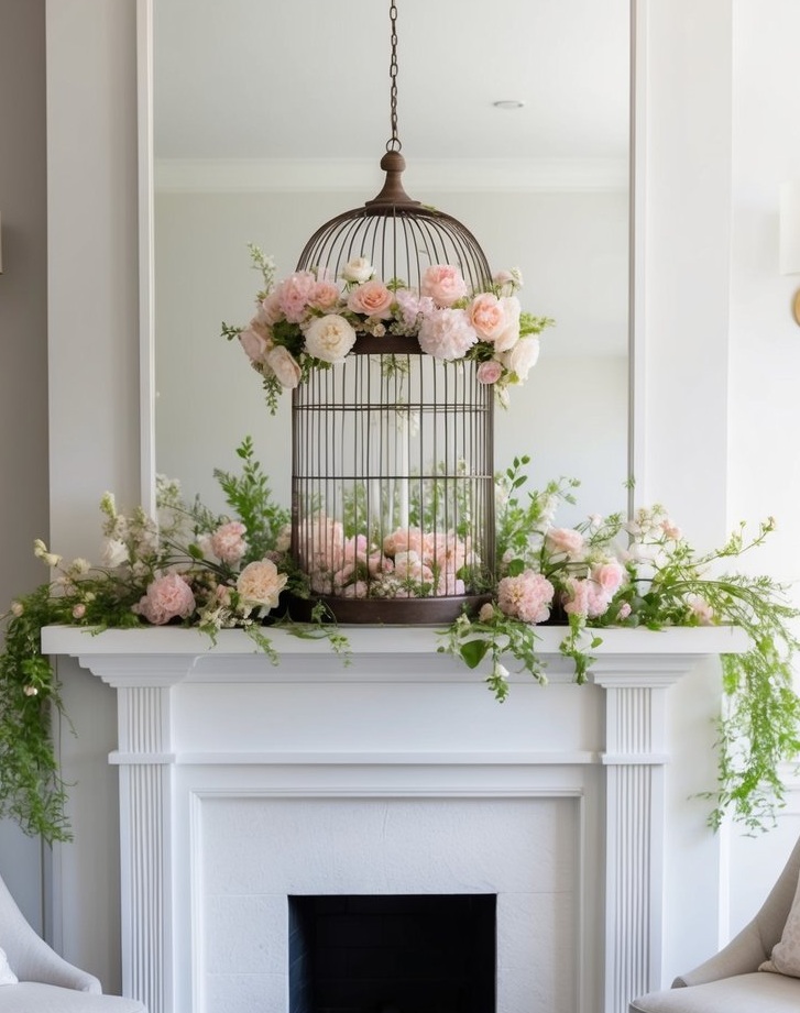 A birdcage centerpiece adorned with pastel blooms sits atop a spring mantel, surrounded by fresh greenery and soft, delicate hues