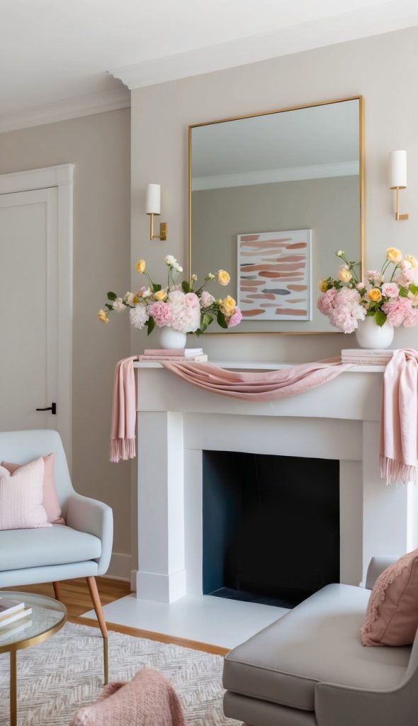 A mantel adorned with blooming flowers and a pastel scarf