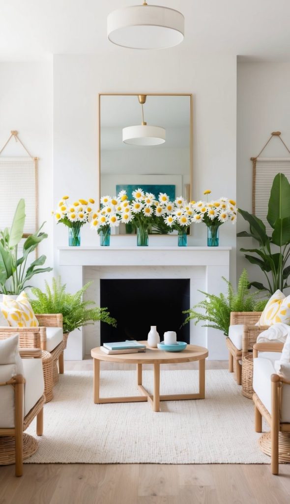 A mantel adorned with cheery daisy bouquets in vibrant colors, surrounded by natural elements for a bright and airy summer look