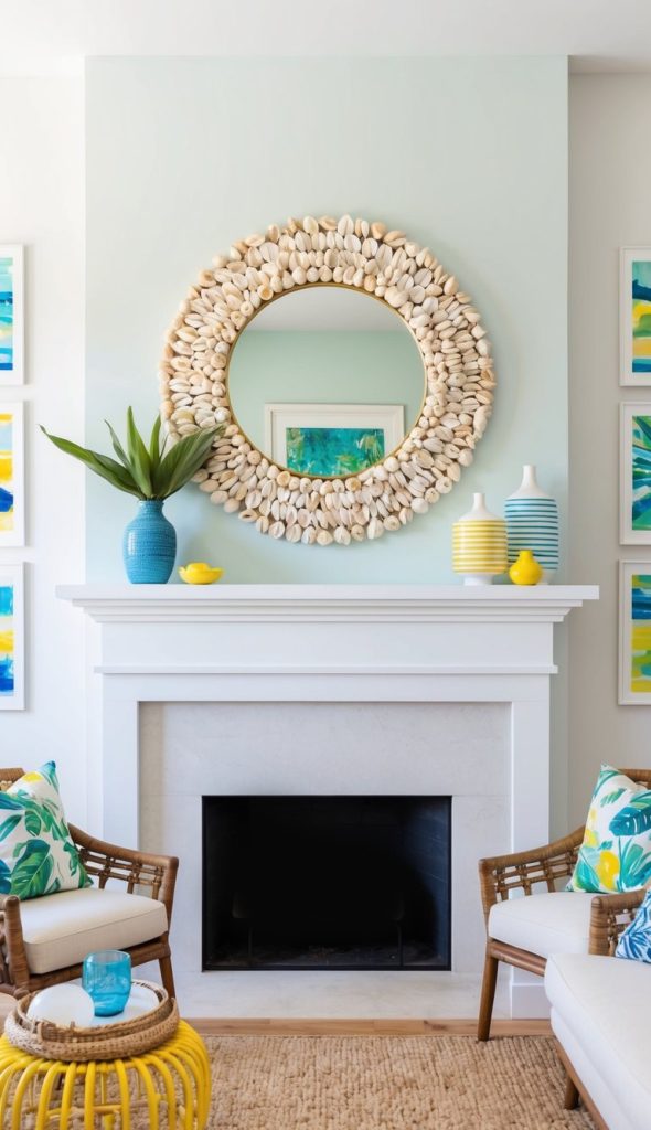 A mantel adorned with a shell-encrusted mirror, surrounded by vibrant summer decor in bright, airy colors