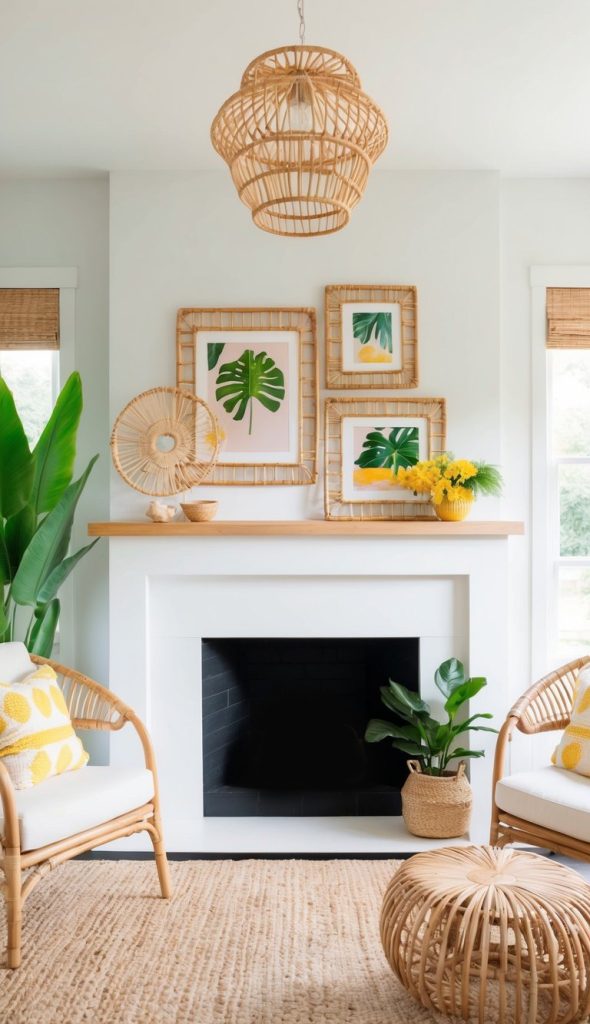 A mantel adorned with rattan picture frames, vibrant summer decor, and natural elements for a bright and airy look