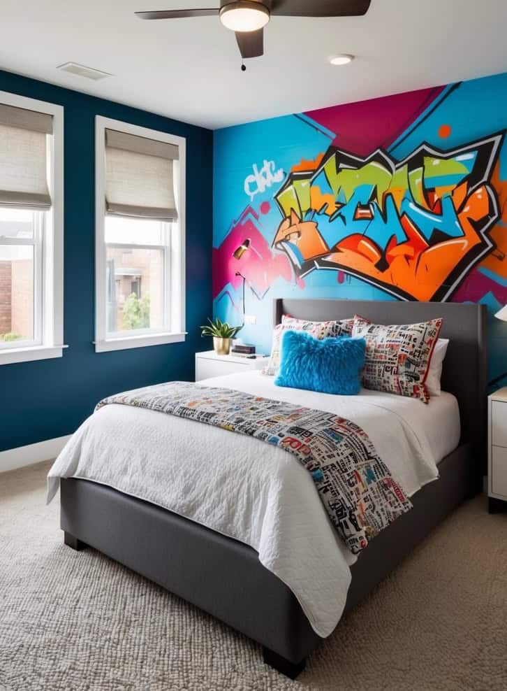 A colorful graffiti wall with trendy decor and functional layout for a teen bedroom