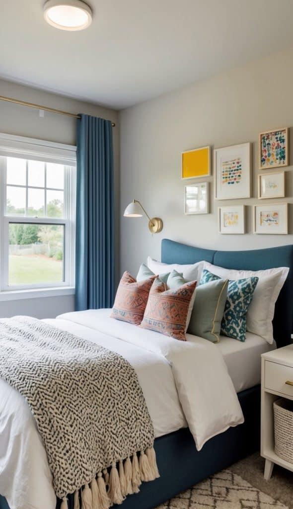 A cozy, modern teen bedroom with an array of decorative throw pillows arranged on a bed and a stylish, functional layout