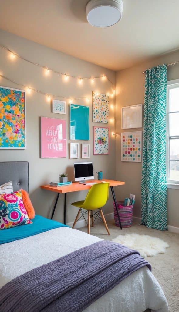 A cozy teen bedroom with vibrant wall art, string lights, and a trendy desk setup for personal expression and functional use