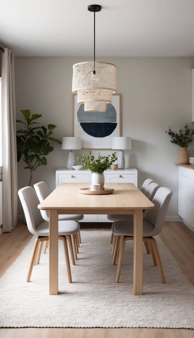 A cozy dining room with a light wood table and a woven pendant light surrounded by soft-toned Scandinavian decor