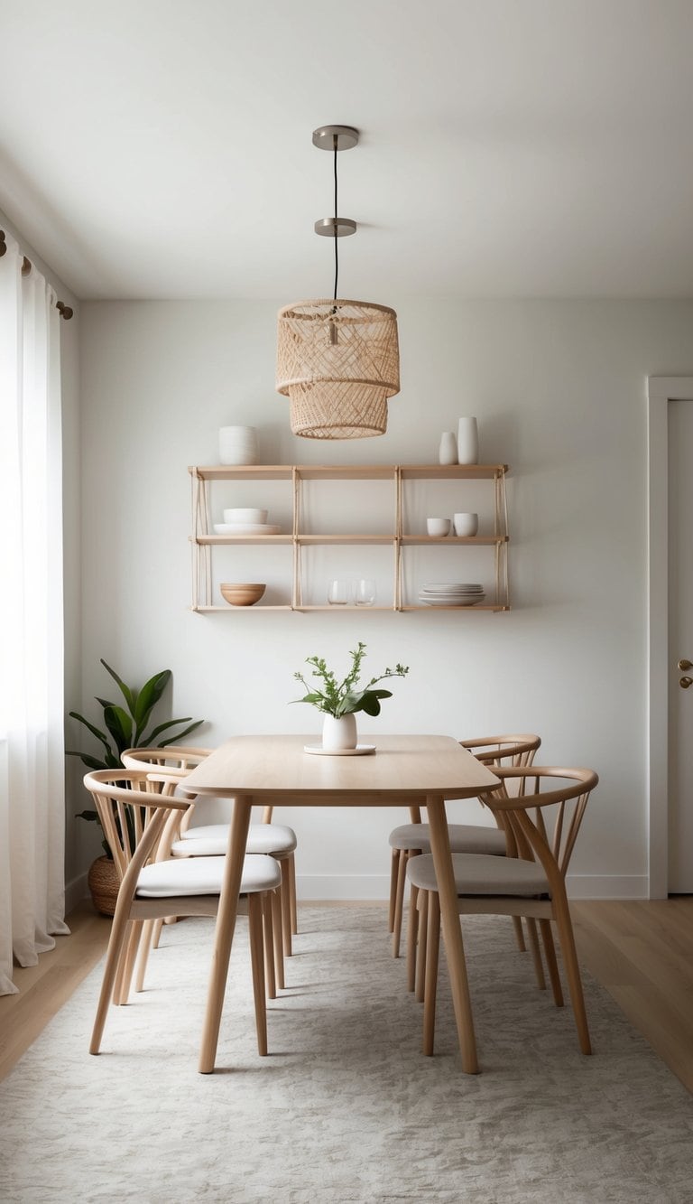 A cozy Scandinavian dining room with light wood shelves and soft-toned decor