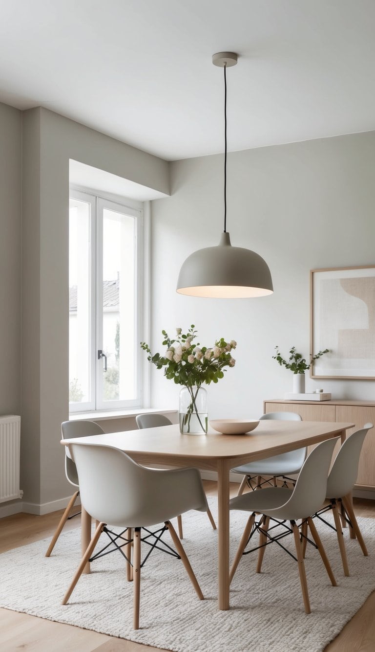 A dining room with matte pendant lamp, featuring light woods and soft tones for a cozy and simple Scandinavian style