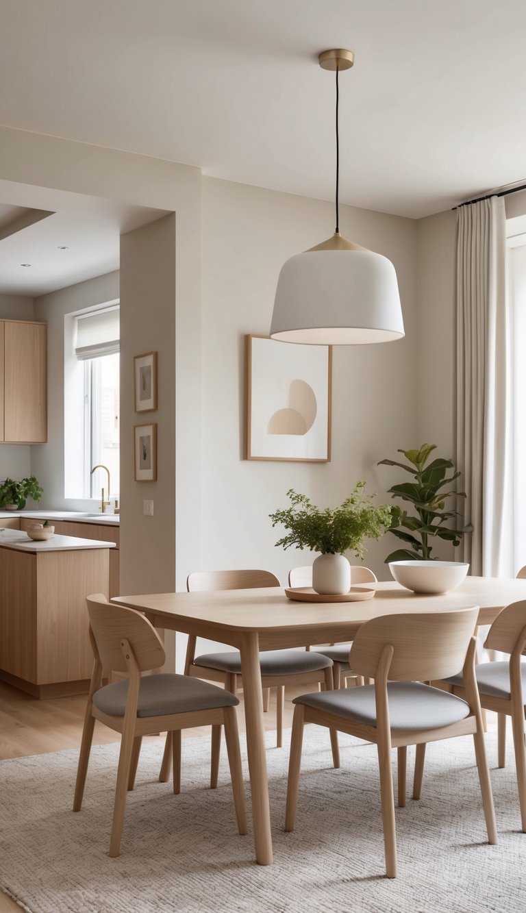 A cozy dining room with a minimalist centerpiece, featuring light woods and soft tones for a Scandinavian vibe