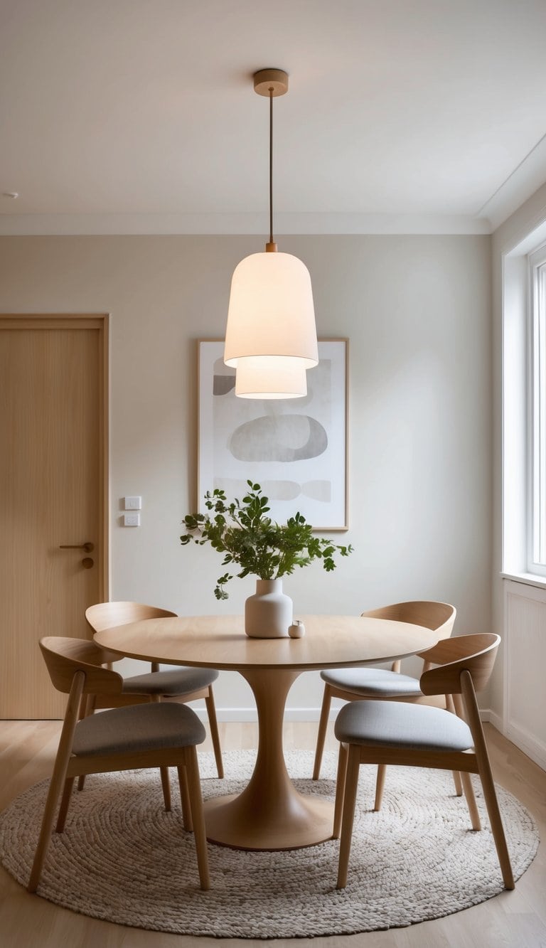 A cozy Scandinavian dining room with a round wooden table
