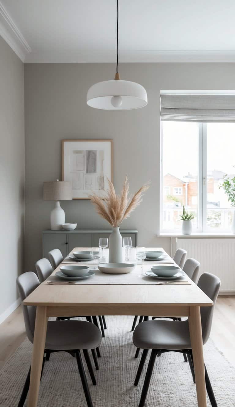 A simple dining table set with a light wood table, H&M linen napkin, and soft-toned decor in a Scandinavian dining room