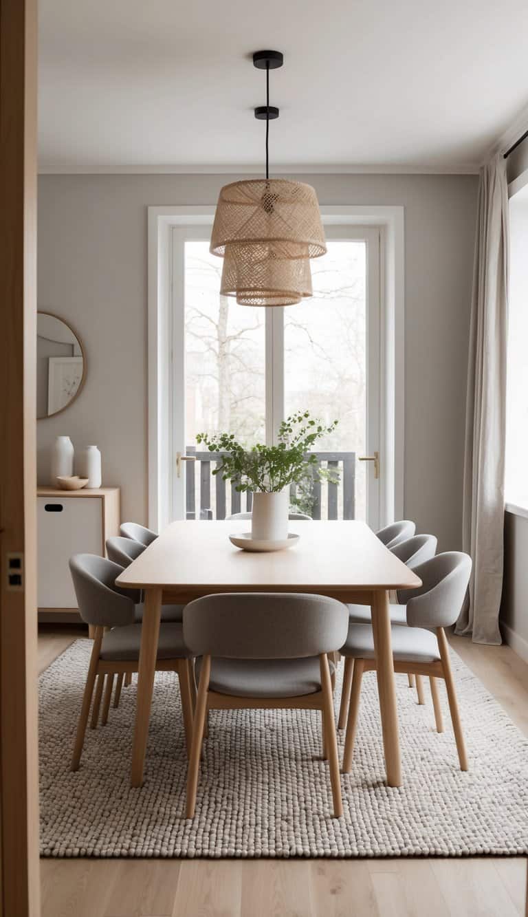 A cozy Scandinavian dining room with a Pappelina Vera Rug, light woods, and soft tones