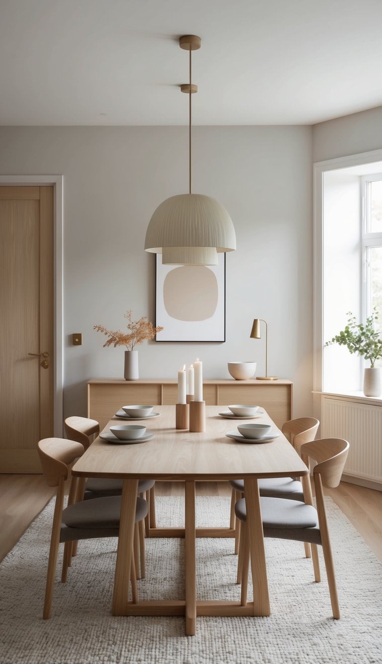A cozy Scandinavian dining room with candles, featuring light woods and soft tones