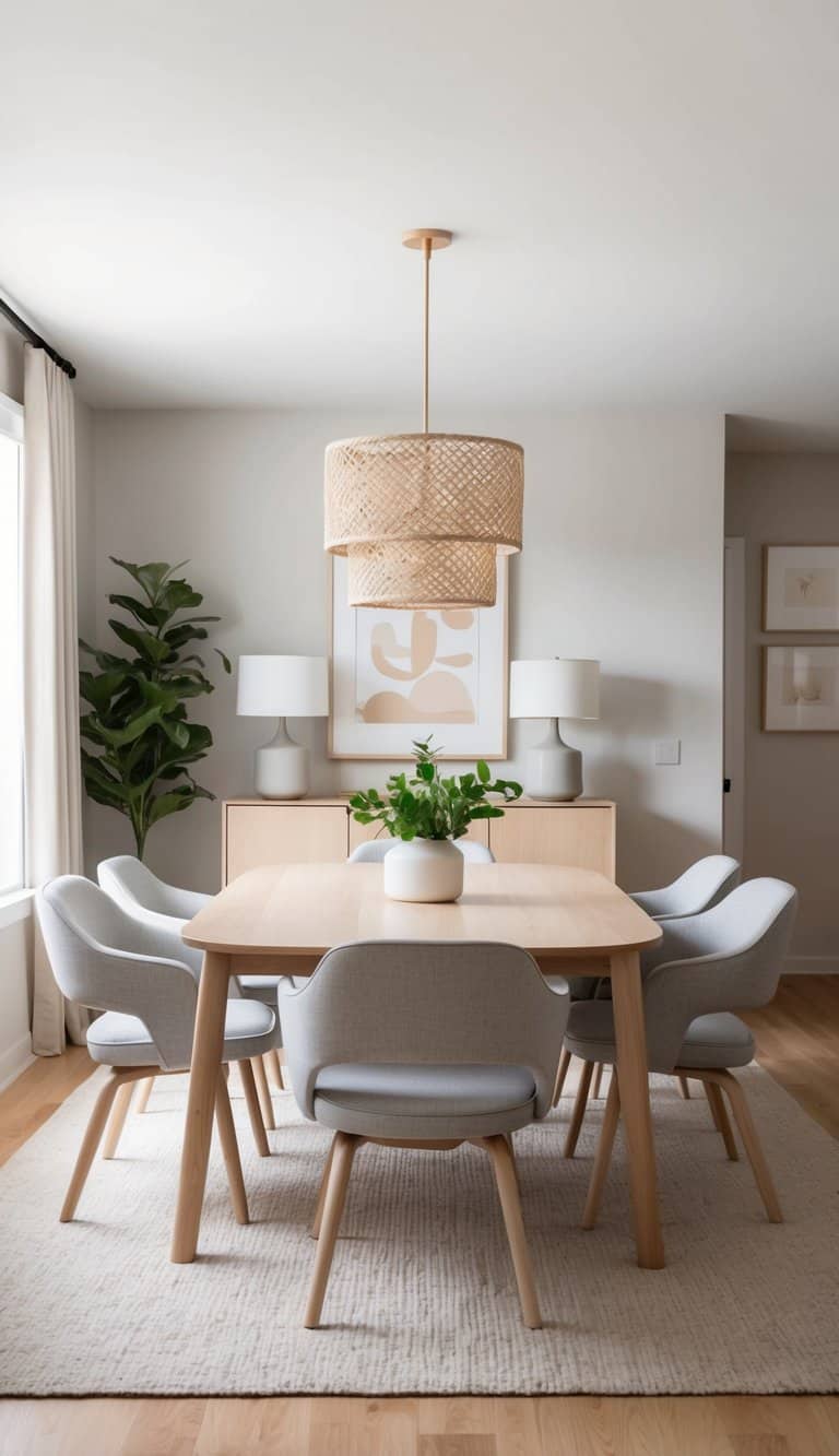 A cozy dining room with a wooden sideboard adorned with lamps