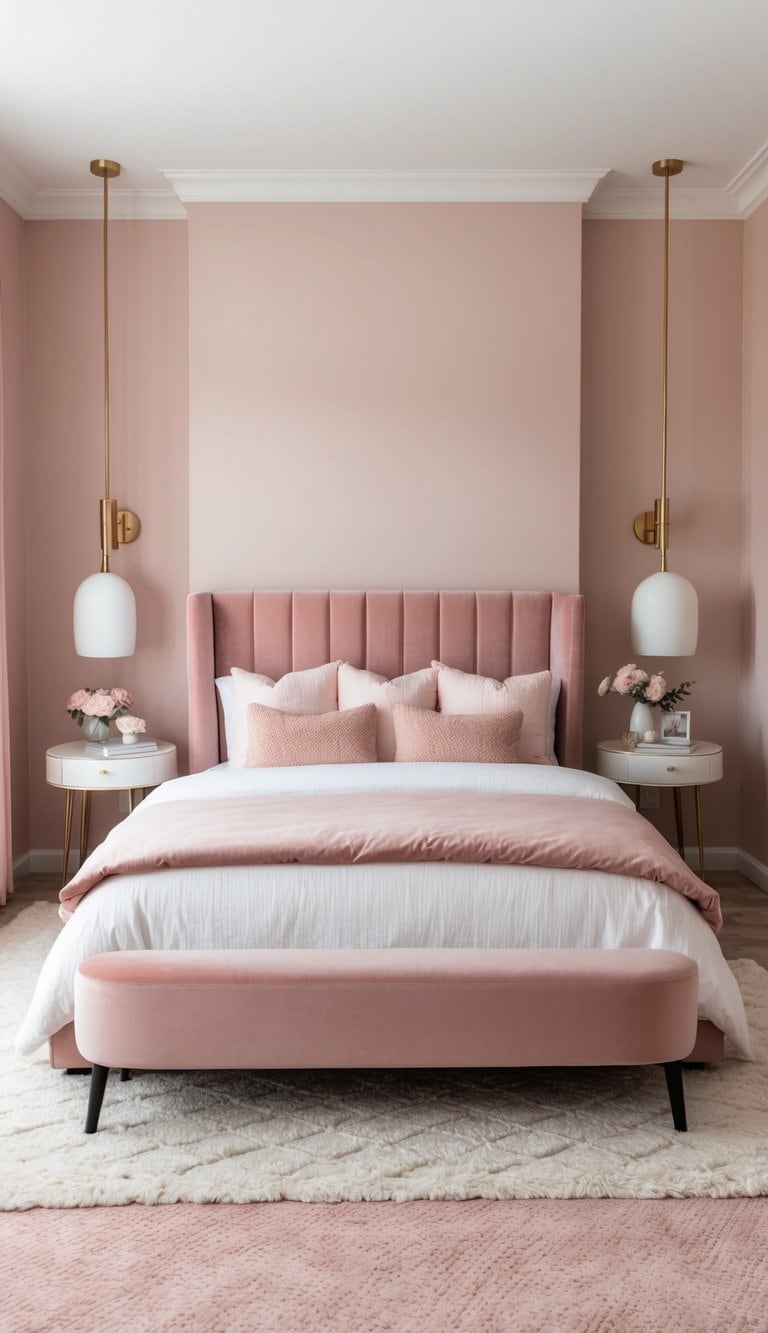 A cozy bedroom with blush pink walls, a plush velvet bed, and soft pink accents throughout