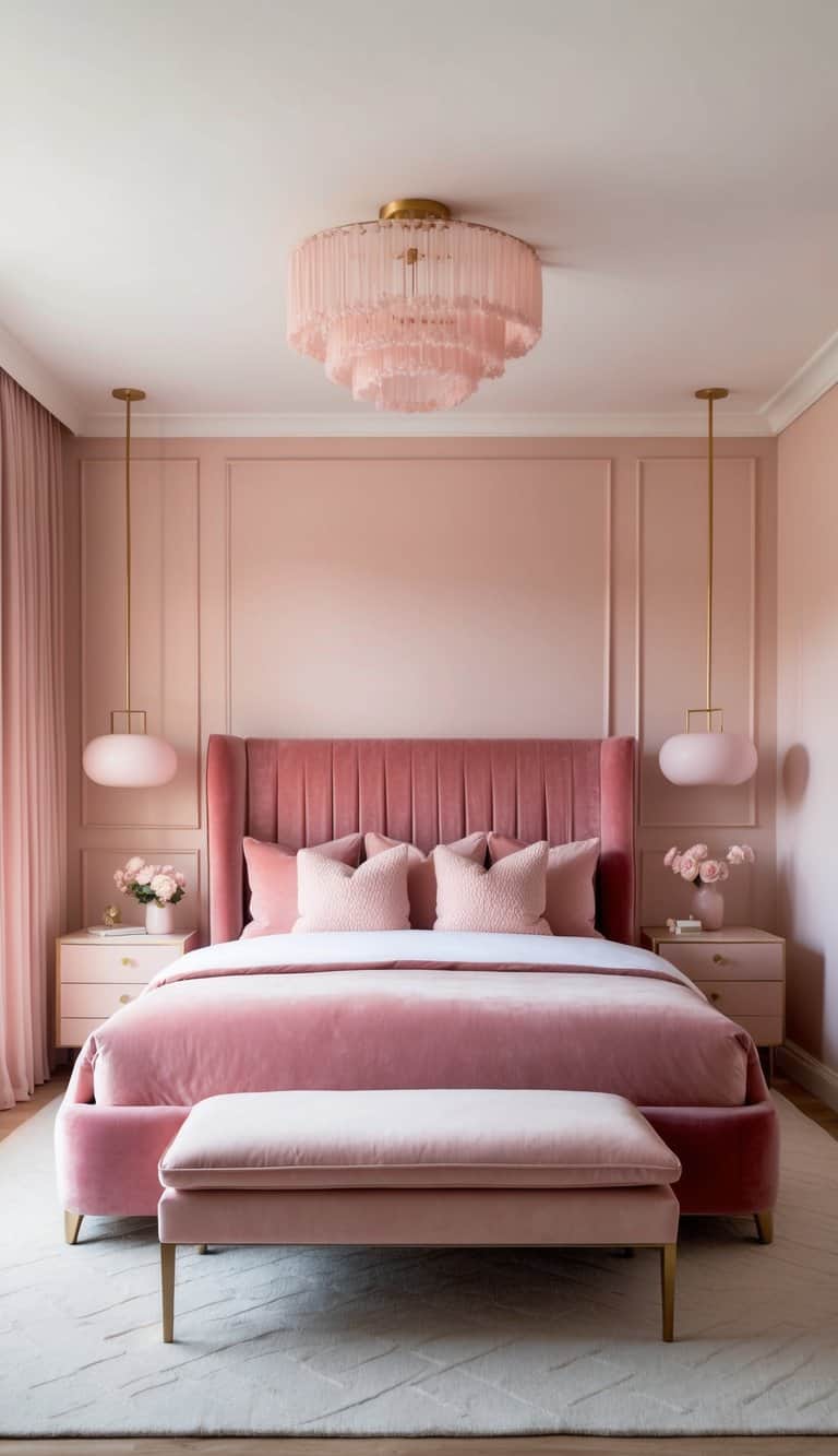A plush, carnation pink velvet bed is the focal point of a chic bedroom, adorned with blush-toned furnishings for a playful, luxurious look