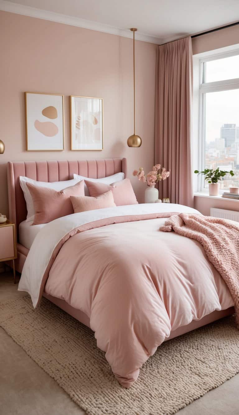 A cozy bedroom with a peony pink duvet cover, plush velvet furnishings, and playful blush tones creating a chic and inviting atmosphere