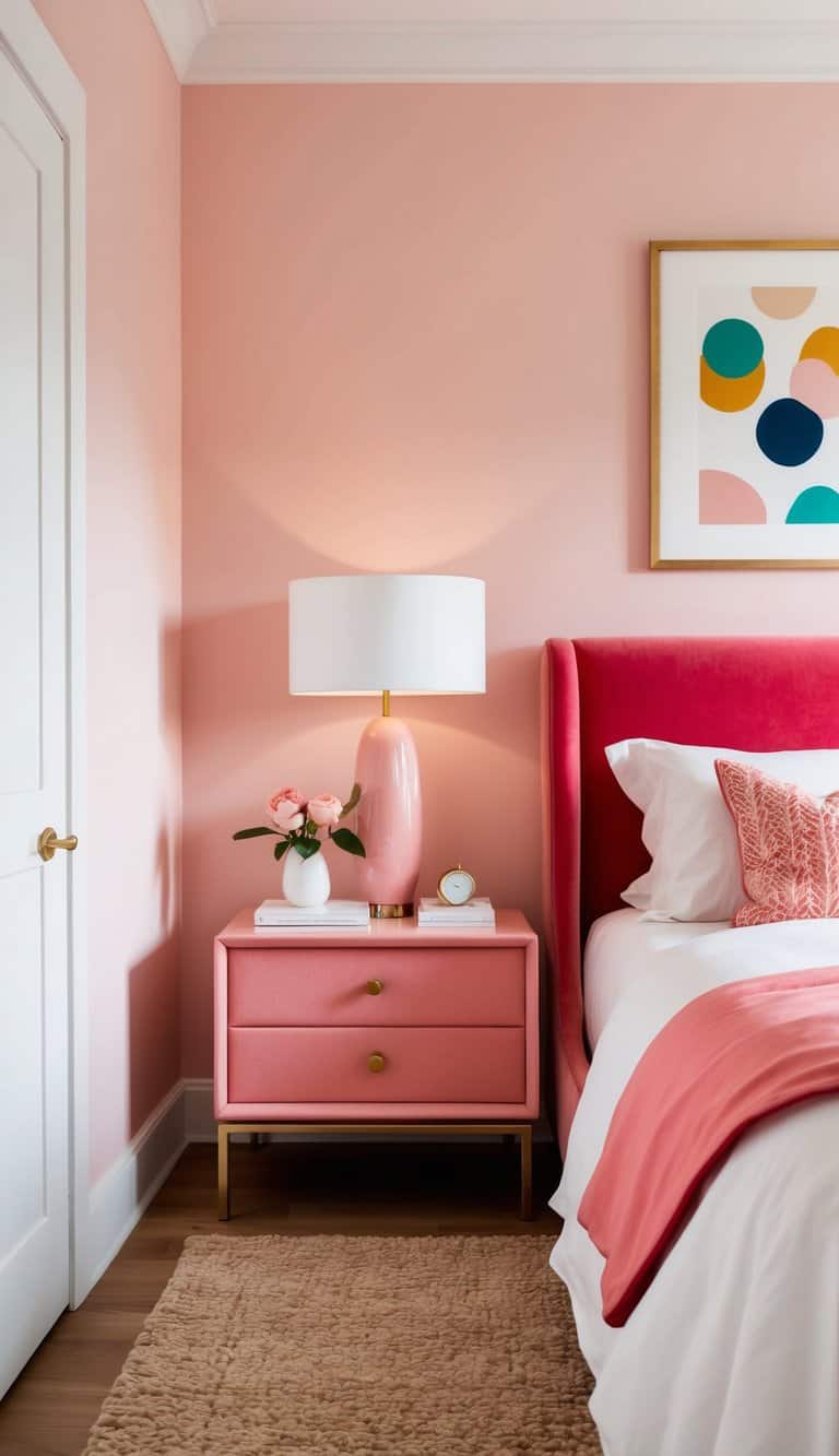A salmon pink nightstand with velvet furnishings in a chic, playful pink bedroom