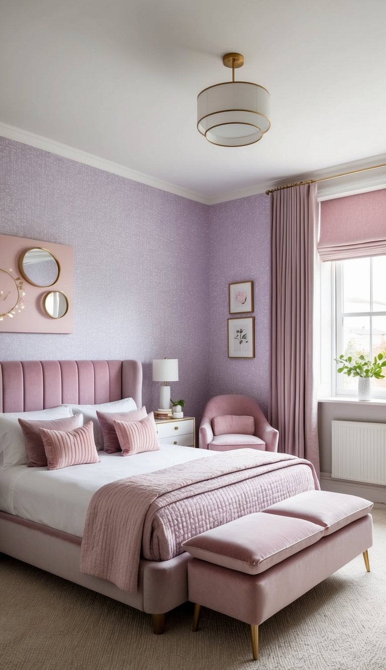 A cozy bedroom with lilac wallpaper, adorned with velvet furnishings in blush tones for a playful and chic look