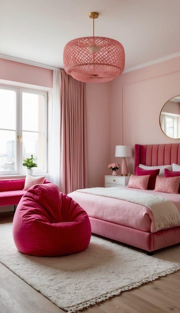 A watermelon pink beanbag sits in a chic pink bedroom with velvet furnishings, creating a playful and luxurious atmosphere