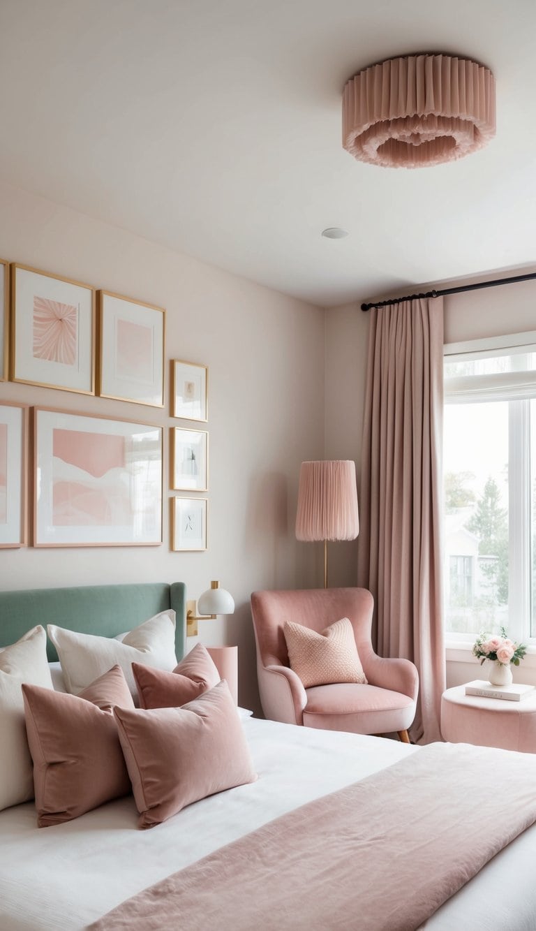 A gallery of abstract pink and white artwork is in a bedroom with soft blush tones and elegant decor