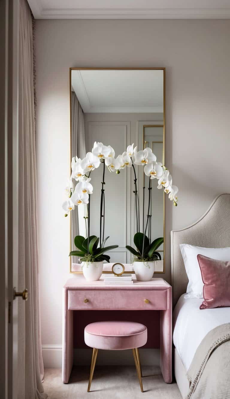 A pink velvet dressing table adorned with orchids in a chic bedroom