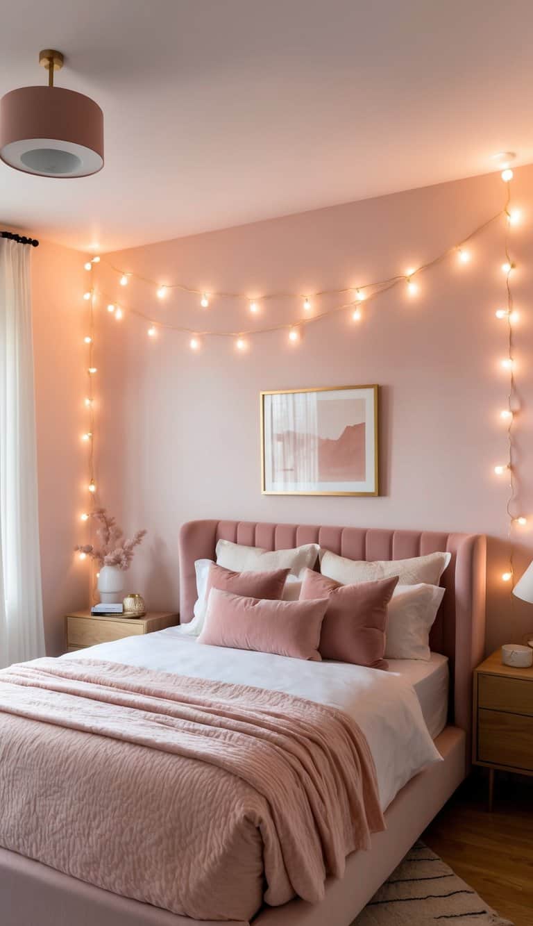 Blush pink string lights illuminate a chic bedroom with velvet furnishings