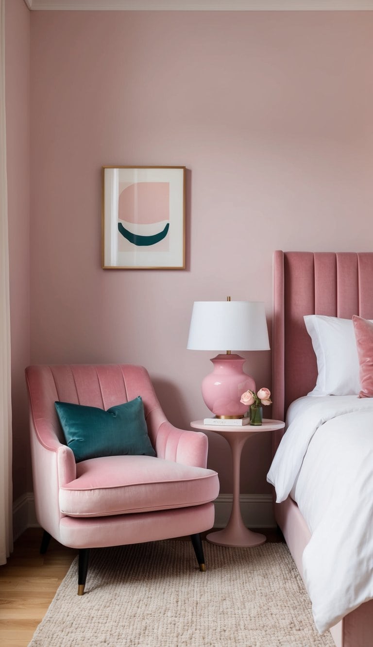 A plush velvet armchair in a pink bedroom with a camellia pink vase on a side table