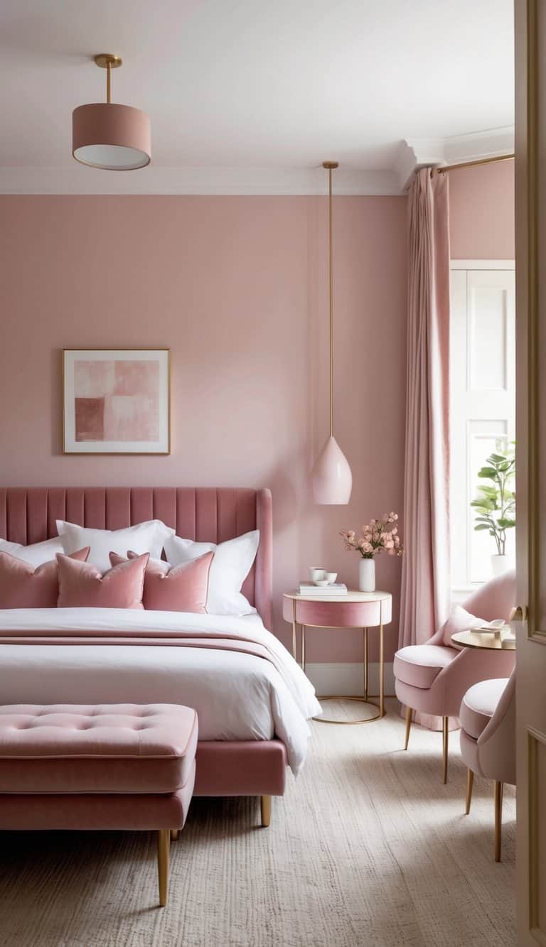 A cozy pink bedroom with velvet furniture and blush accents