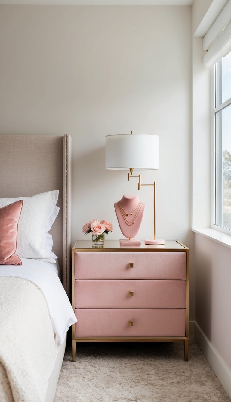 A pink velvet jewelry stand sits on a blush-toned dresser in a chic bedroom