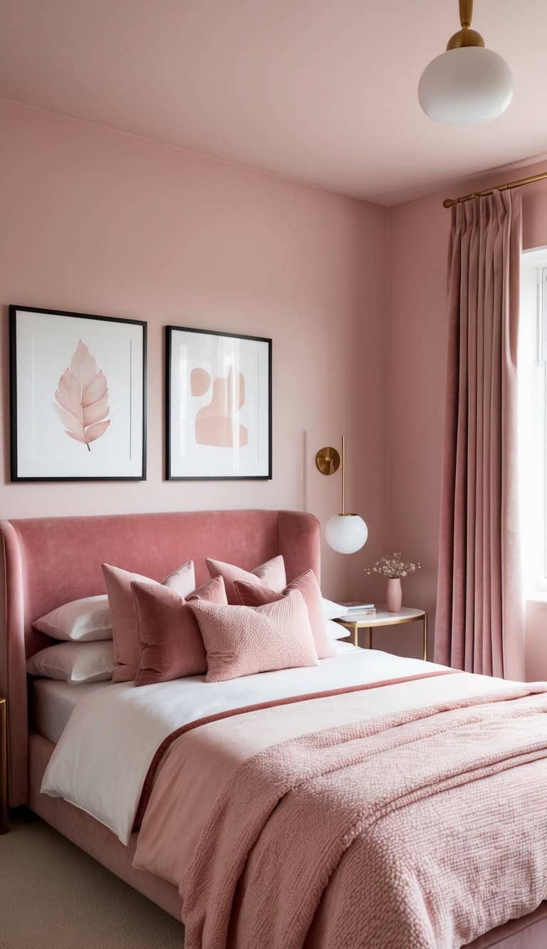 A cozy pink bedroom with velvet furnishings and blush accents