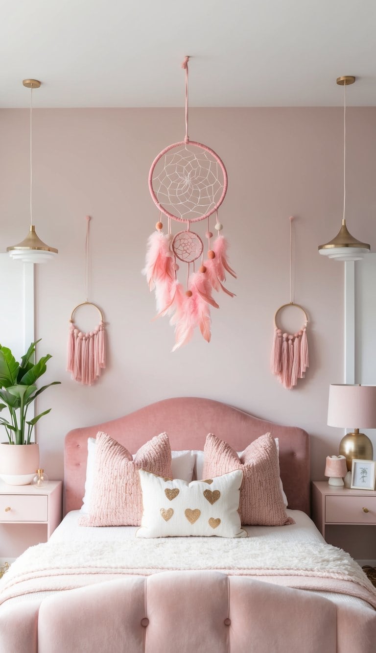 A baby pink dreamcatcher hangs above a plush velvet bed, surrounded by blush-toned decor and playful accents
