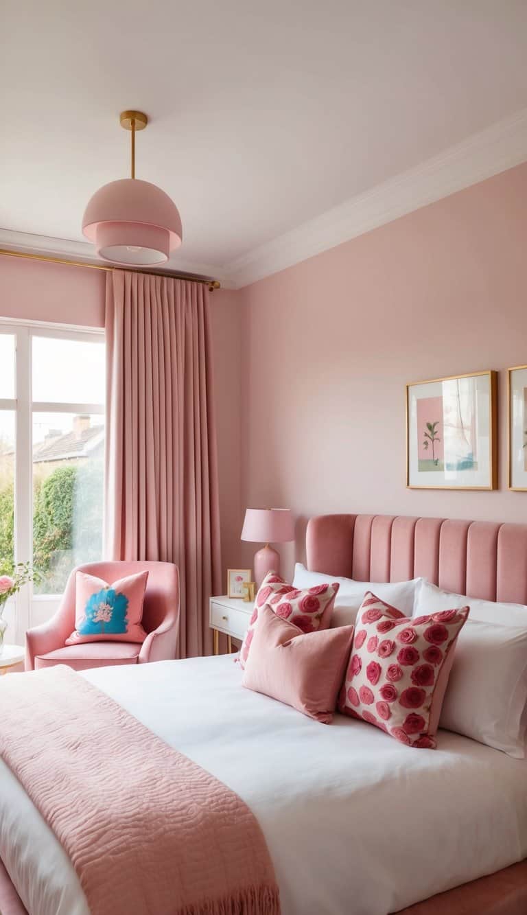 A cozy pink bedroom with rosy printed cushions, velvet furnishings, and playful decor