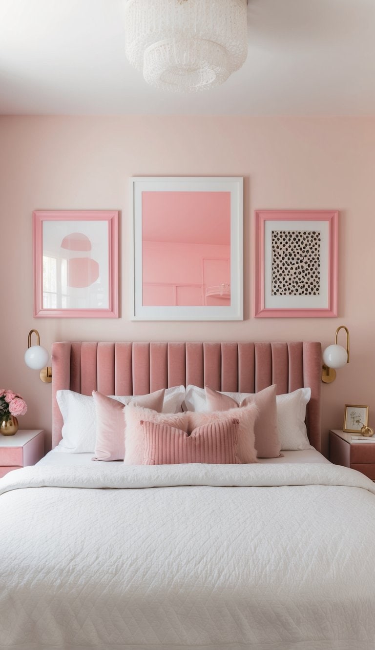 A cozy bedroom with pink sugary wall frames, velvet furnishings, and playful decor