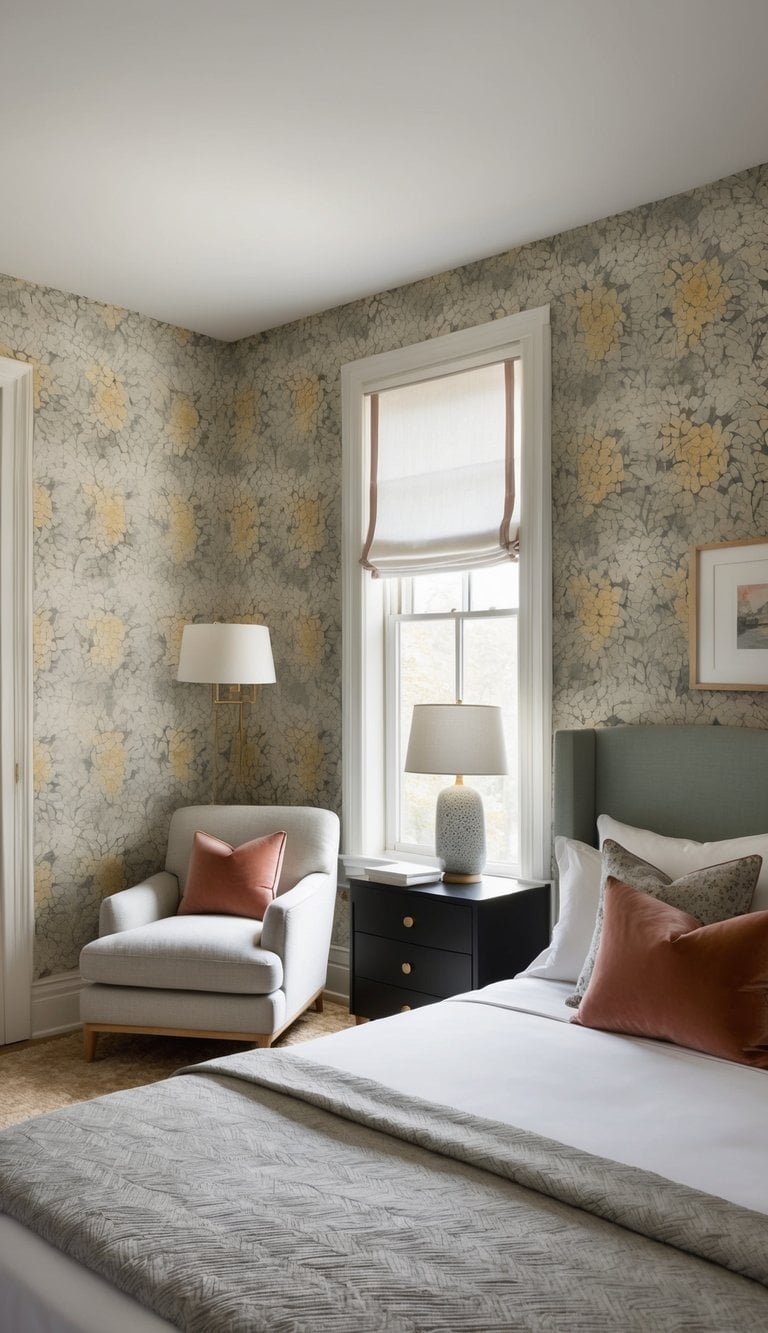 A cozy bedroom with floral-patterned wallpaper, accented with bold or subtle colors. The room features a bed, bedside tables, and a cozy reading nook with a plush armchair and a small table with a lamp