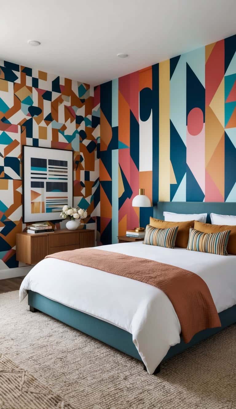 A bedroom with retro geometric wallpaper in bold colors, featuring various shapes and patterns